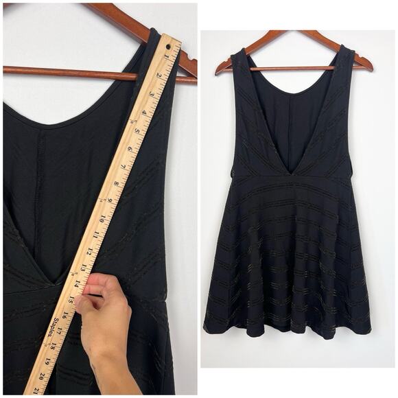 Free People Black Textured Fit & Flare L Mini Dress Deep V Back 0 Boho Chic - Picture 6 of 7